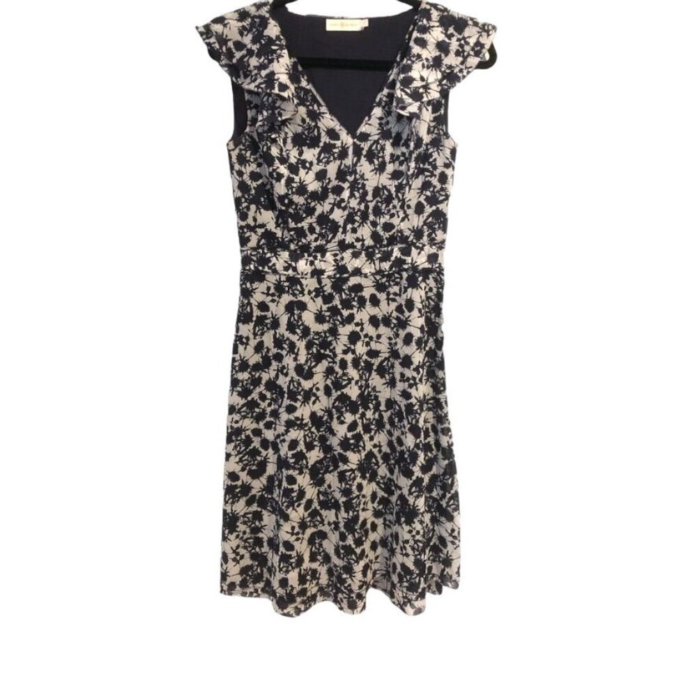 Tory Burch Silk Splatter Marian Dress Black Gray Size 2 Womens Flutter Sleeve Fl